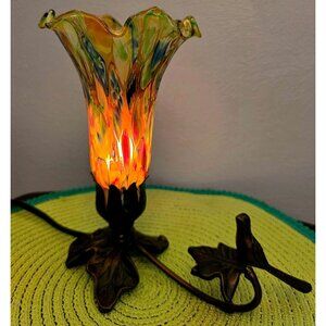 Murano Style Millefiori Lily Lamp Bird Leaf Metal Base Art Glass Night Light VTG
